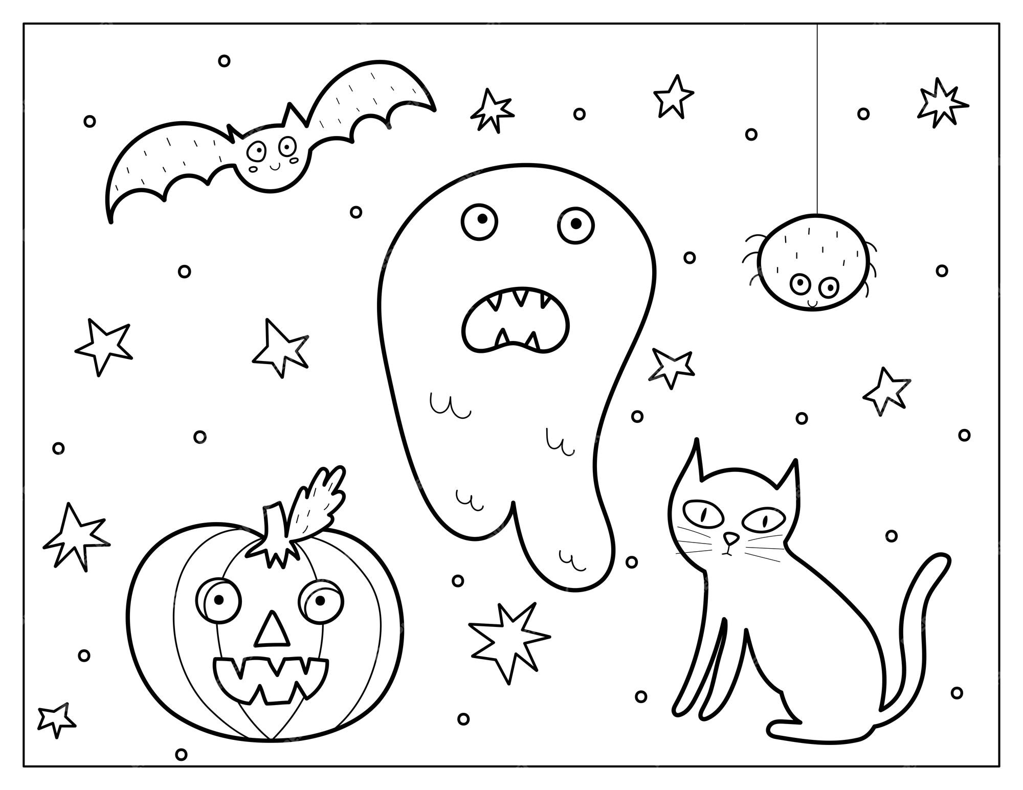 Premium vector halloween coloring page with a ghost cat and pumpkin spooky print in cartoon style for coloring