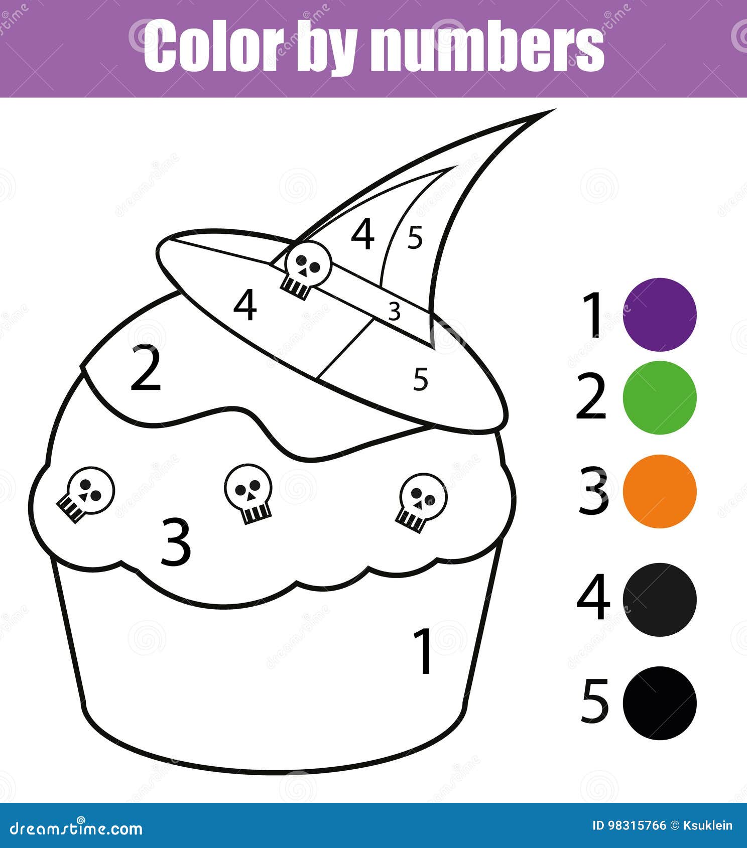 Coloring page with halloween cupcake color by numbers educational children game drawing kids activity stock vector