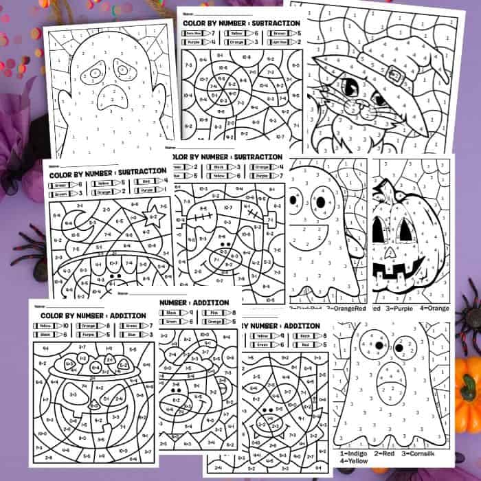 Free halloween color by number pages for kids