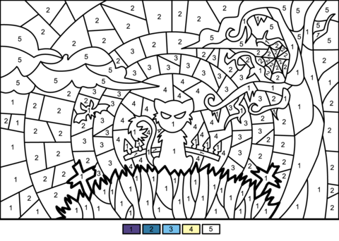 Halloween scene color by number free printable coloring pages
