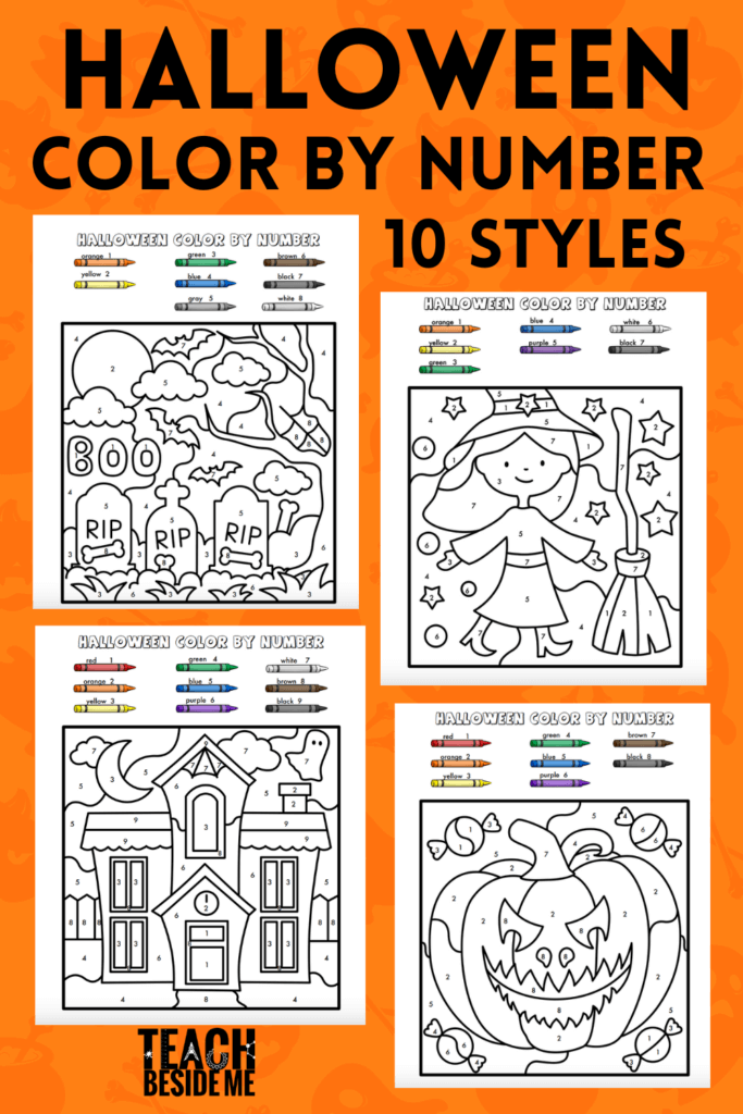 Halloween color by number printable worksheets