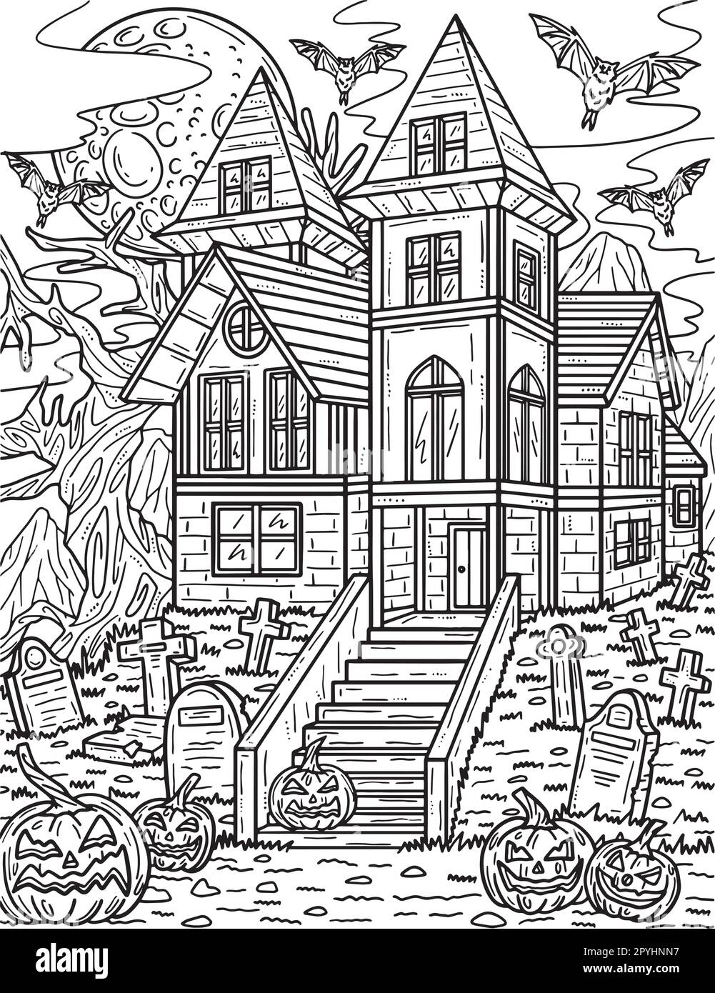 Halloween haunted house coloring page for adults stock vector image art