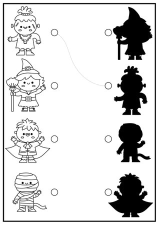 Halloween black and white shadow matching activity autumn holiday puzzle with cute kawaii witch vampire find correct silhouette printable worksheet all saints day coloring page for kids