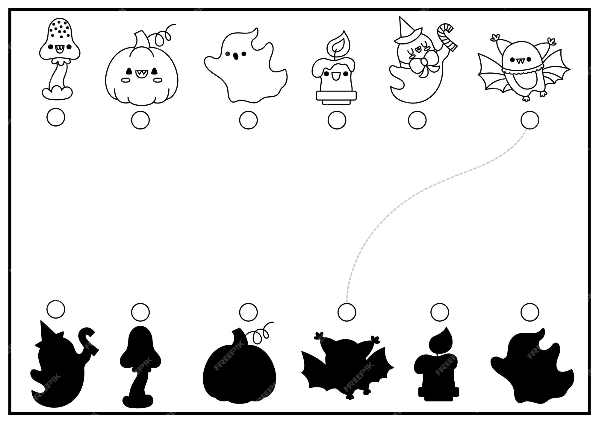 Premium vector halloween black and white shadow matching activity autumn holiday puzzle with cute kawaii symbols find correct silhouette printable worksheet all saints day coloring page for kids