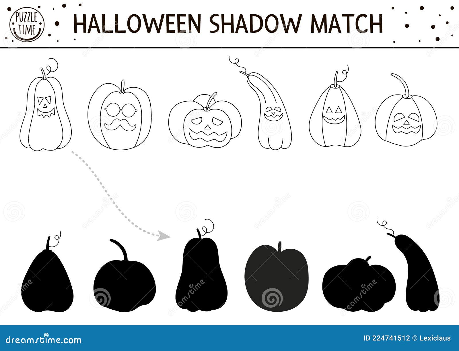 Halloween black and white shadow matching activity autumn outline puzzle or coloring page with jack