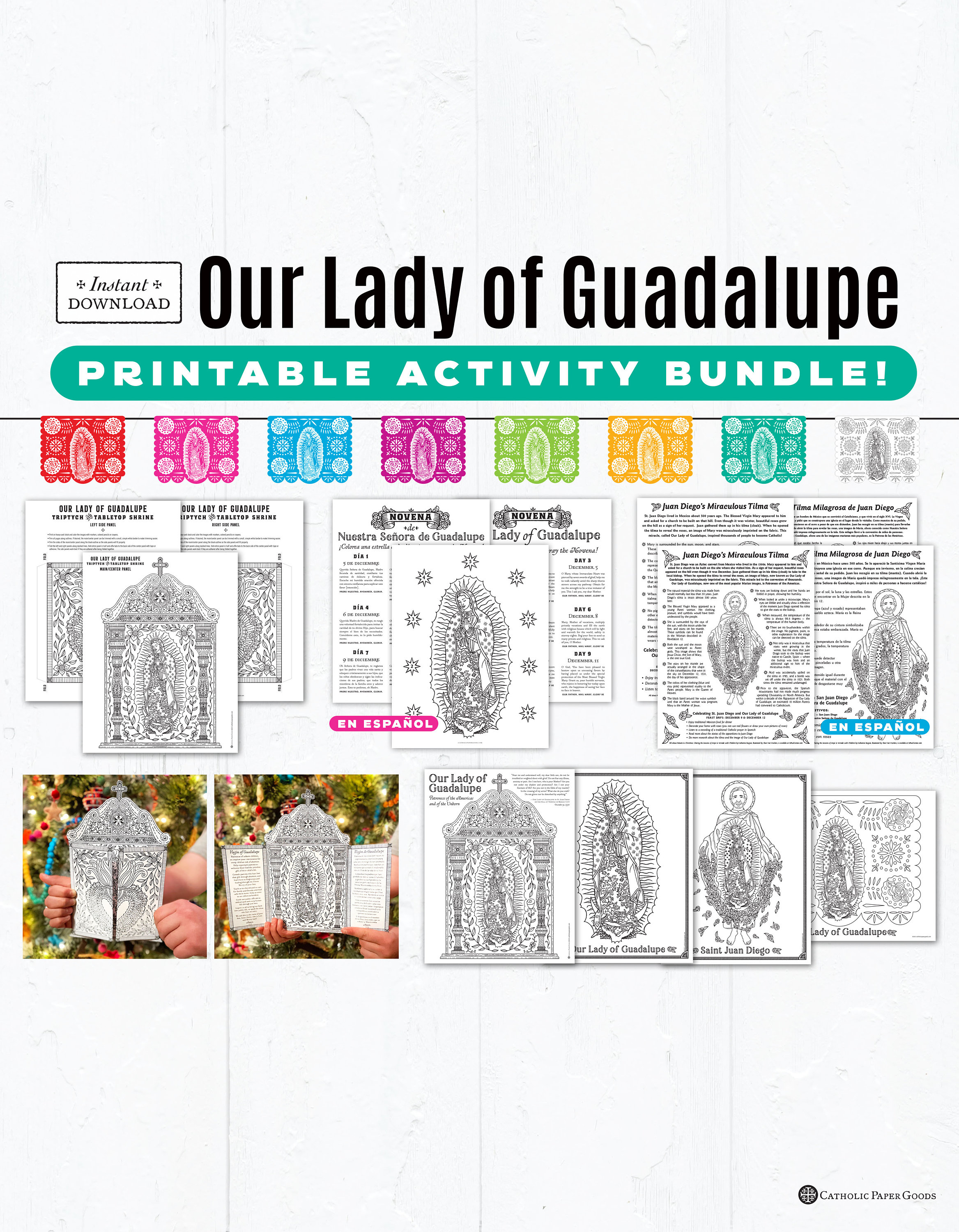 Our lady of guadalupe bundle novena in spanish coloring pages triptych tabletop shrine juan diego tilma fact sheet papel picado banners