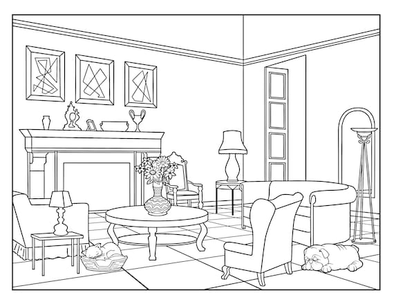 Living room around the house coloring pages for adults printable coloring page instant download pdf