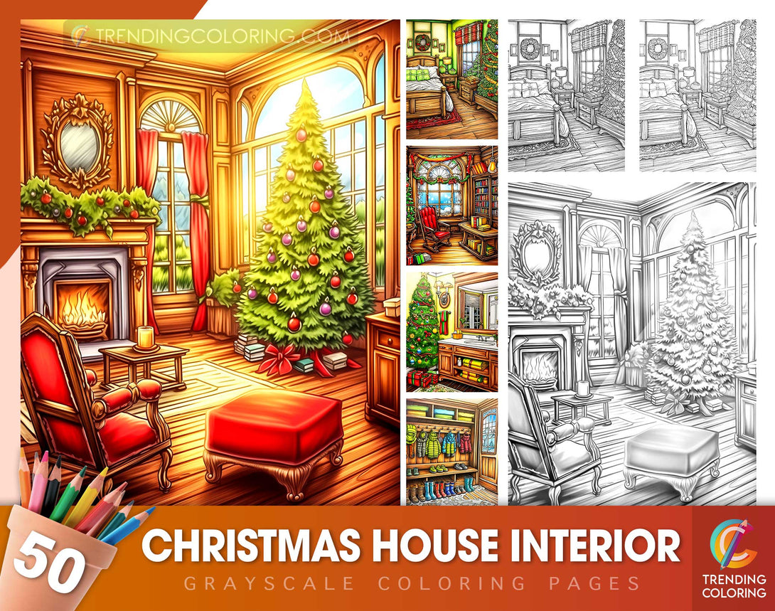 Christmas house interior grayscale coloring pages