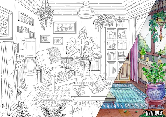 Printable adult coloring pages boho nordic interior cat colouring page dream home modern house instant download instant download