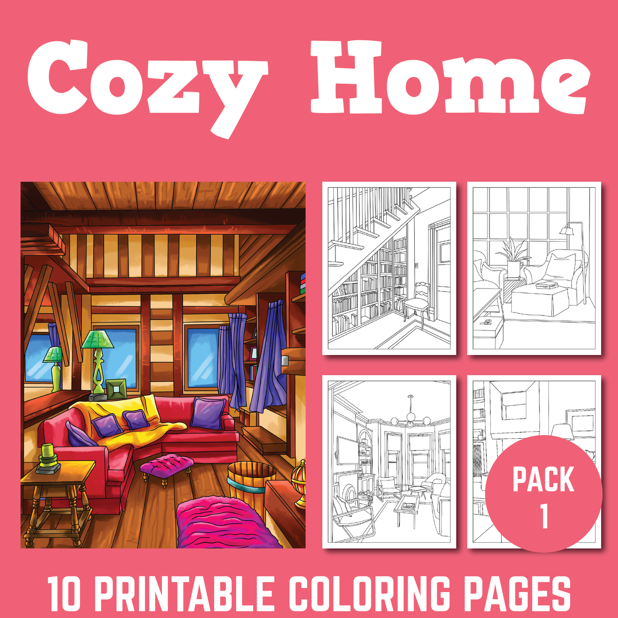 Cozy home interior coloring pages pack