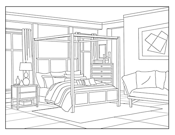 Bedroom around the house coloring pages for adults printable coloring page instant download pdf