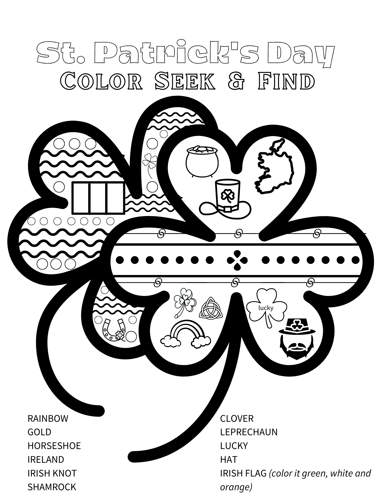 Free printable color seek and find for st patricks day