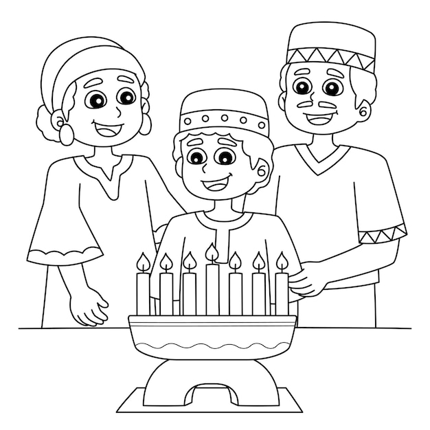 Premium vector kwanzaa family and kinara coloring page for kids
