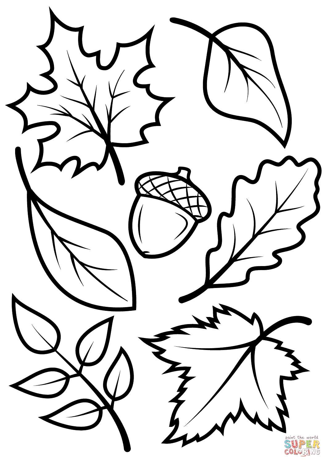 Fall leaves and acorn coloring page free printable coloring pages