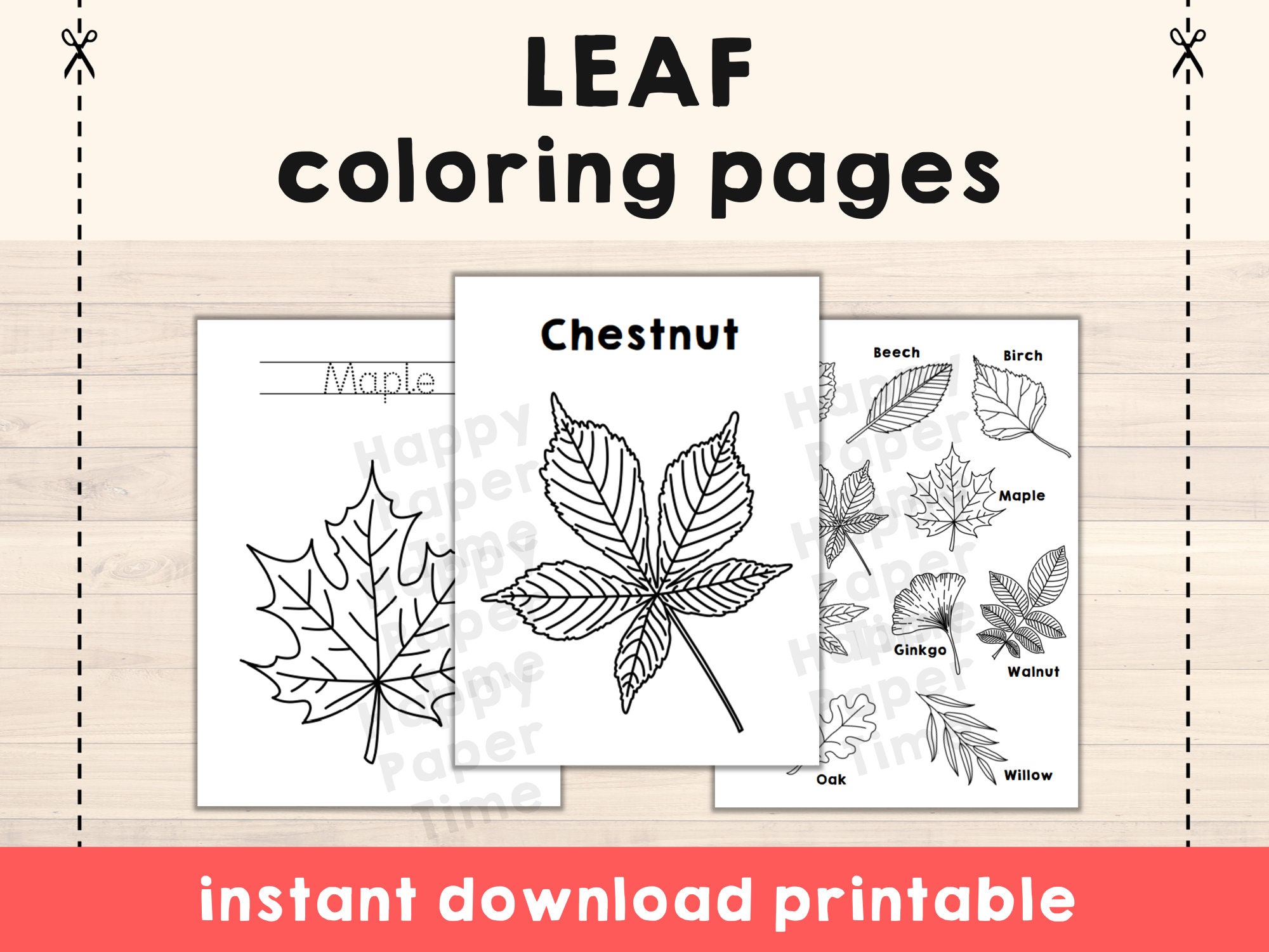 Leaf coloring pages fall autumn leaves printable nature biology art craft activity for kids with tracing pdf file instant download