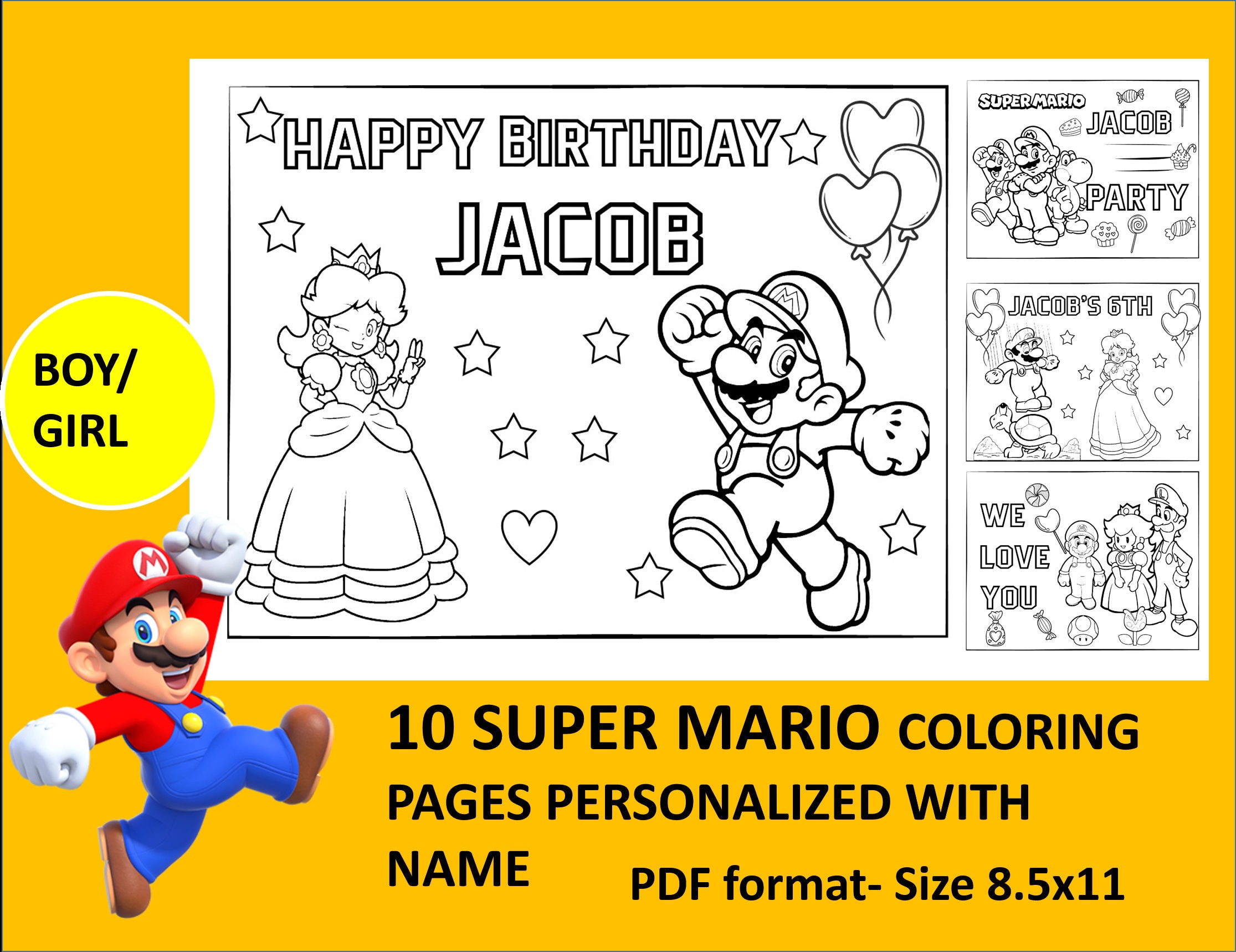 Printable super mario coloring page for birthday personalized with name active