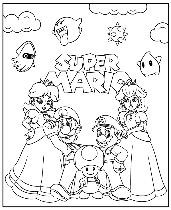 Super mario characters coloring page