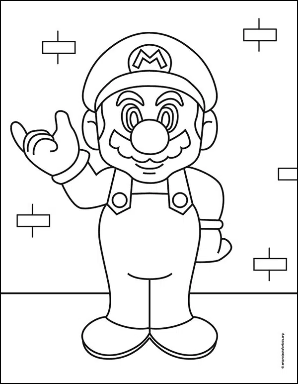 Easy how to draw mario tutorial and mario coloring page