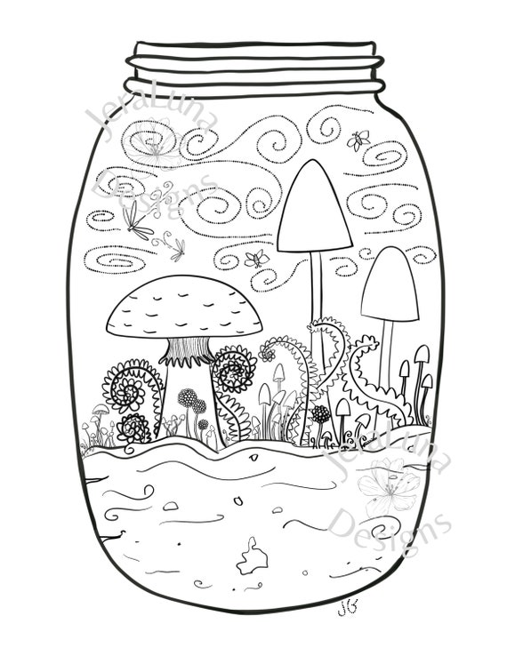 Printable pdf mushroom terrarium in a mason jar coloring page