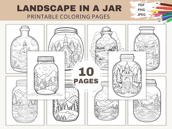 Landscape in a jar coloring page printable coloring pages for kids adults pdf jpeg png simple easy coloring sheet digital download download now
