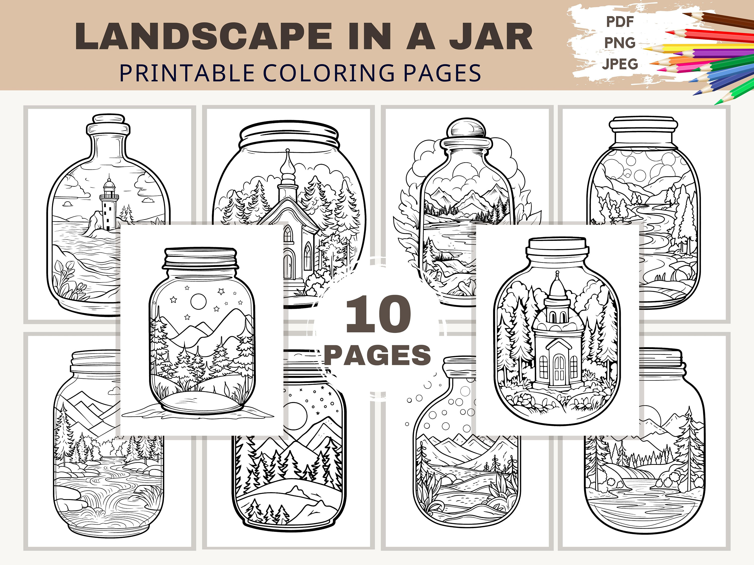 Landscape in a jar coloring page printable coloring pages for kids adults pdf jpeg png simple easy coloring sheet digital download download now