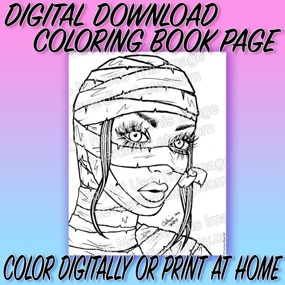 Digital download print your own coloring book outline page pretty tattoo flash pin up mummy girl