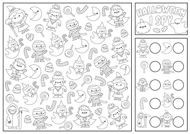 Premium vector halloween black and white i spy game for kids searching and counting activity with cute kawaii characters scary autumn printable worksheet for preschool children simple coloring page