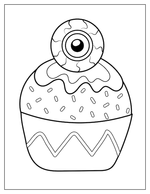 Premium vector halloween coloring page with spooky cupcake and eyeball on it creepy print for coloring book