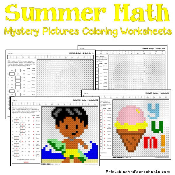 Summer math mystery pictures coloring worksheets bundle