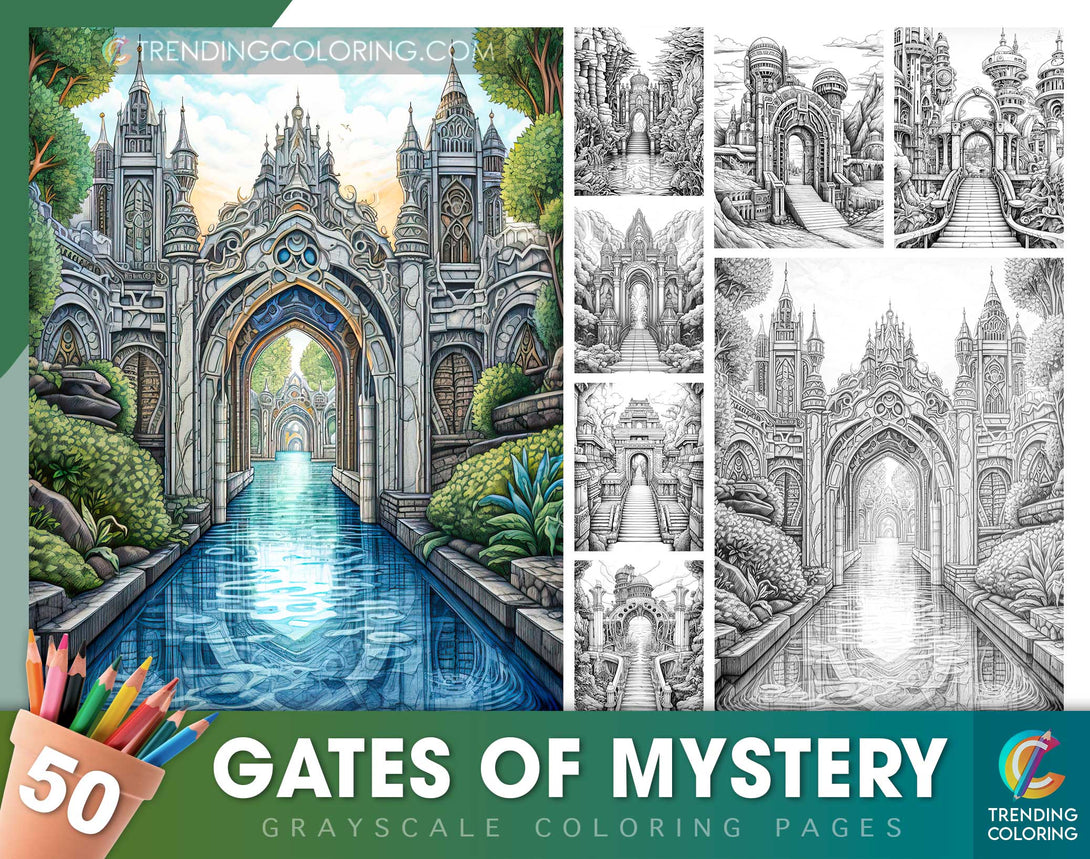Gates of mystery grayscale coloring pages