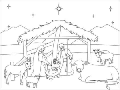Nativity scene and stable coloring page free printable coloring pages