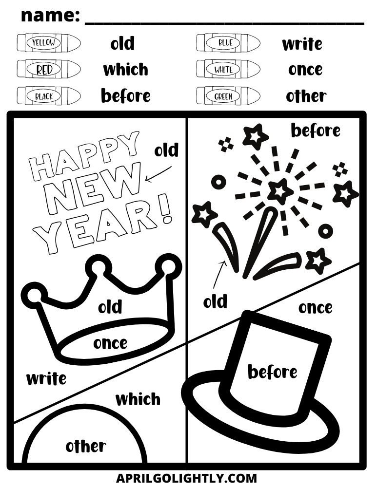 New years eve sight word coloring page