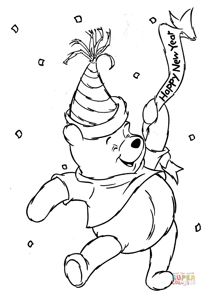 Winnie the pooh is celebrating happy new year coloring page free printable coloring pages