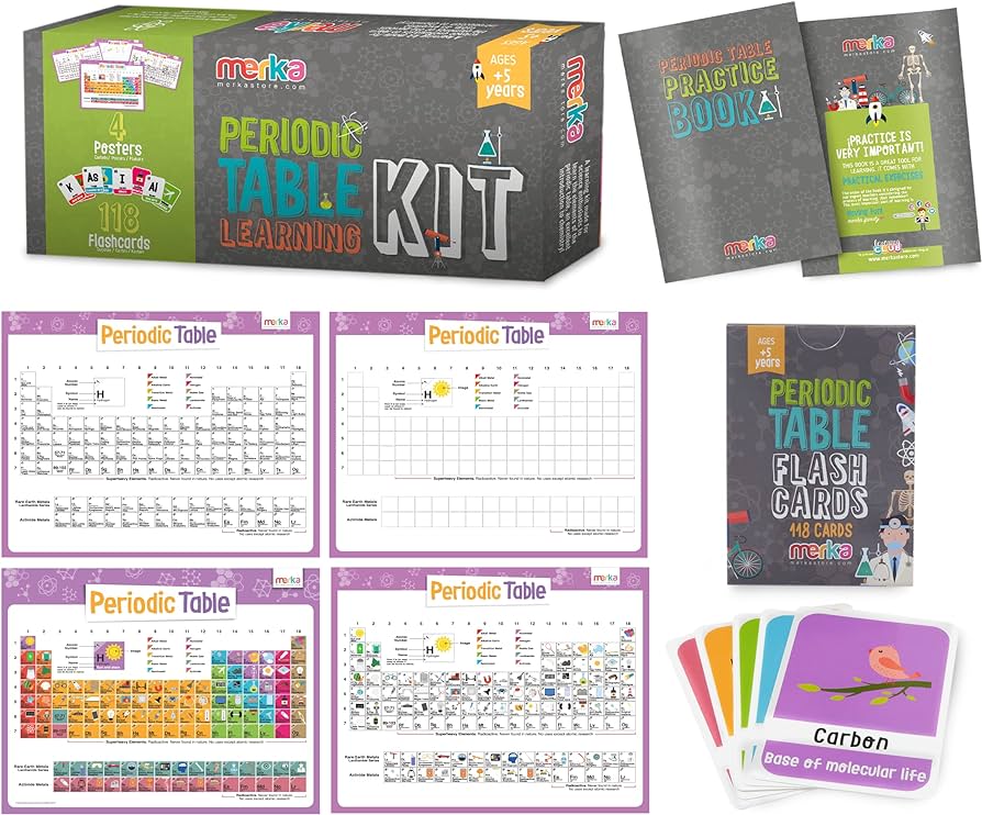 Merka periodic table for kids table periodic table gifts learning and educational toys chemistry and science education set with posters flashcards and practice book with exercises and puzzles