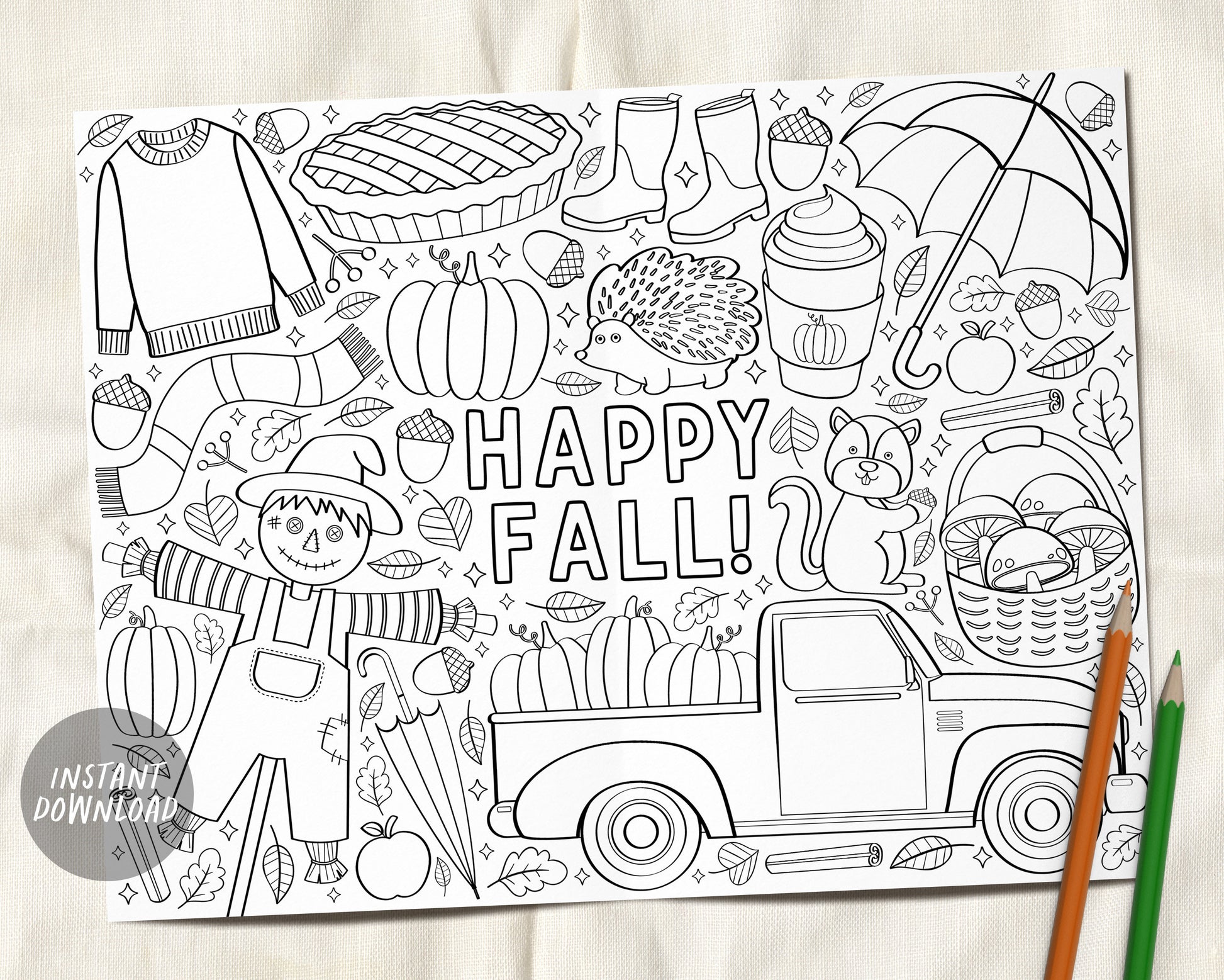 Fall autumn coloring page placemat for kids and adults pumpkin harves â puff paper co