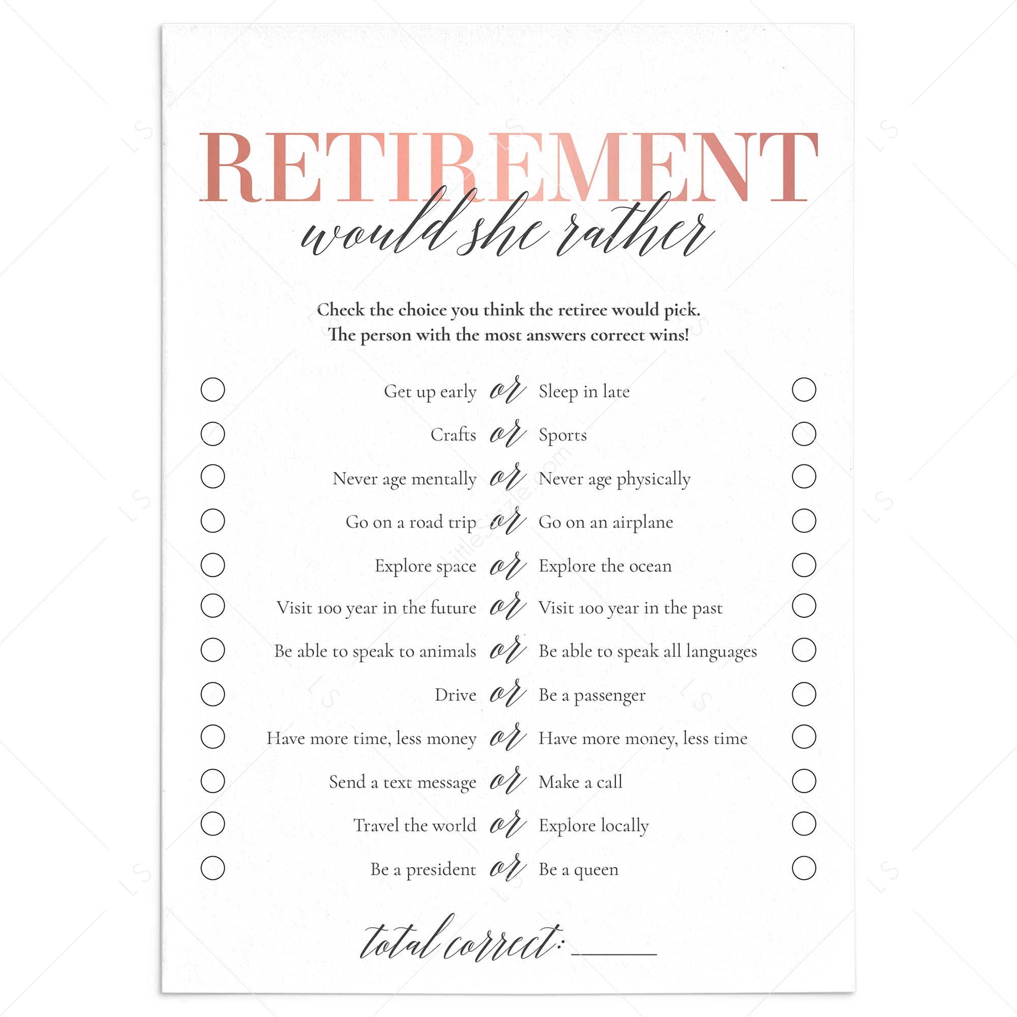 Retirement party game would she rather printable instant download â