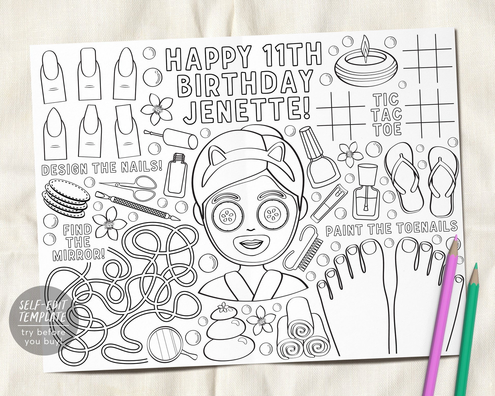 Spa party coloring placemat for kids editable template pamper manicure â puff paper co