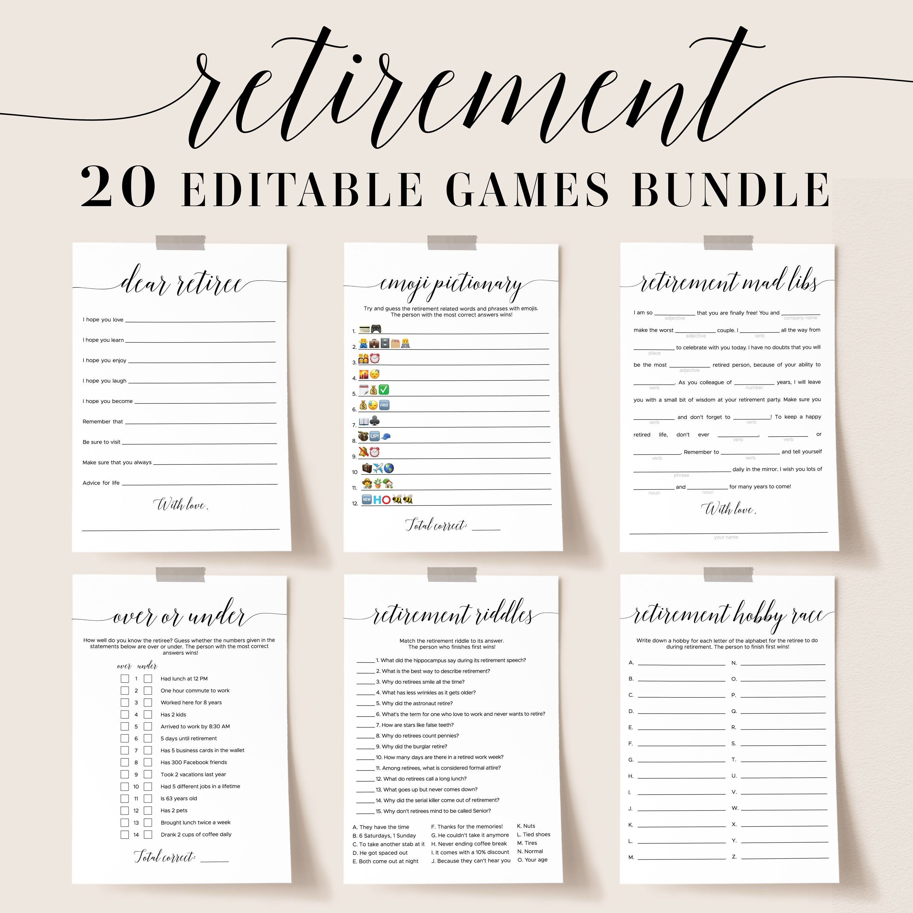 Retirement games printable retiree party activities for office workplace ideas editable cards family feâ goodbye party retirement parties how to memorize things
