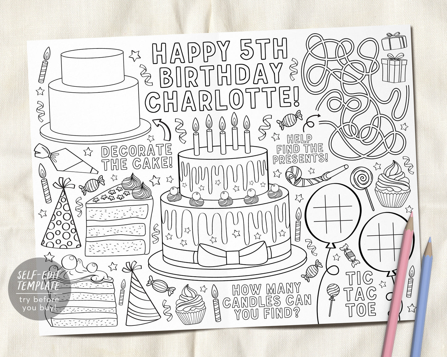 Birthday party coloring placemat for kids editable template birthday â puff paper co