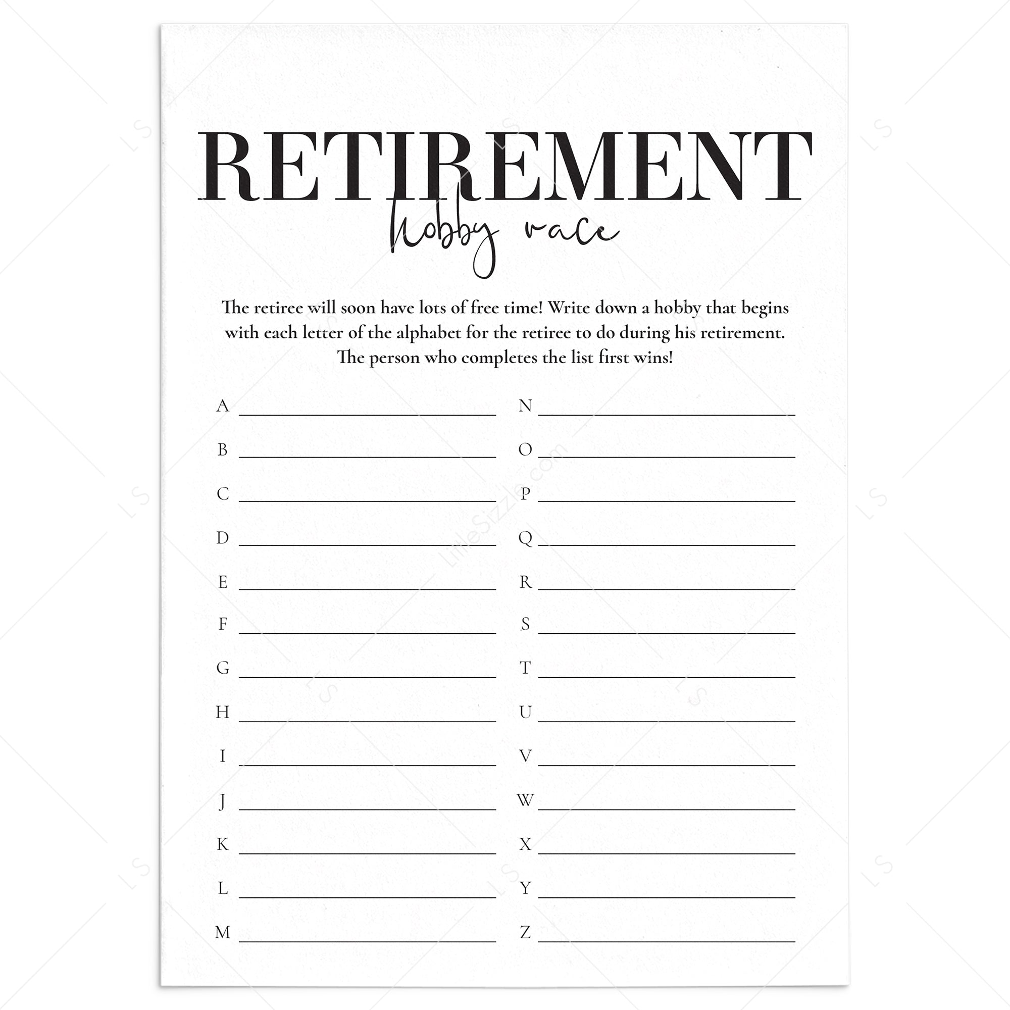 Retirement party game hobby race printable dad retirement games â