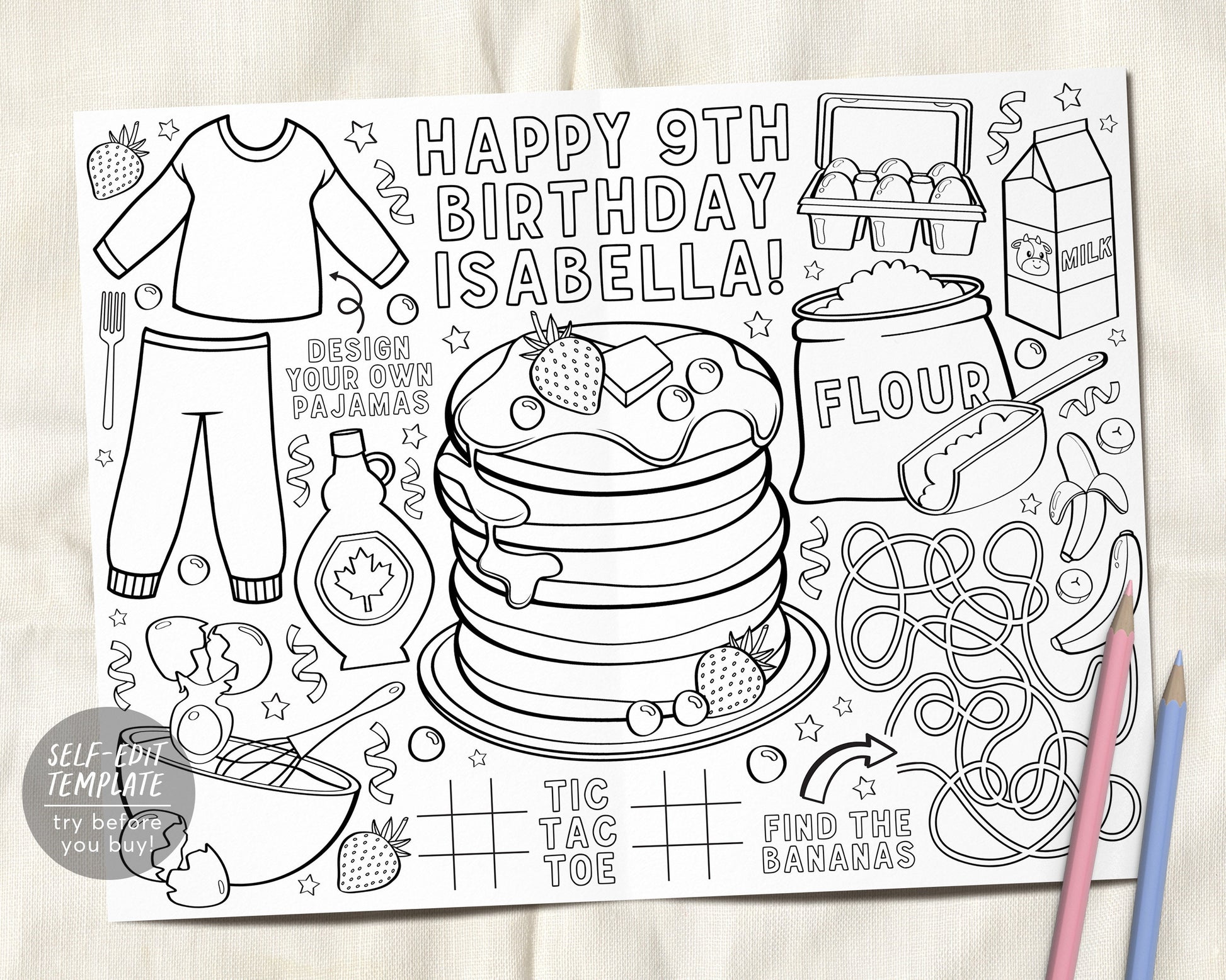 Pancakes and pajamas coloring placemat for kids editable template bir â puff paper co
