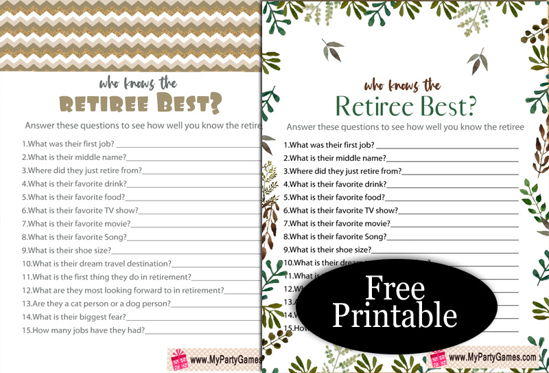 Free printable who knows the retiree best game