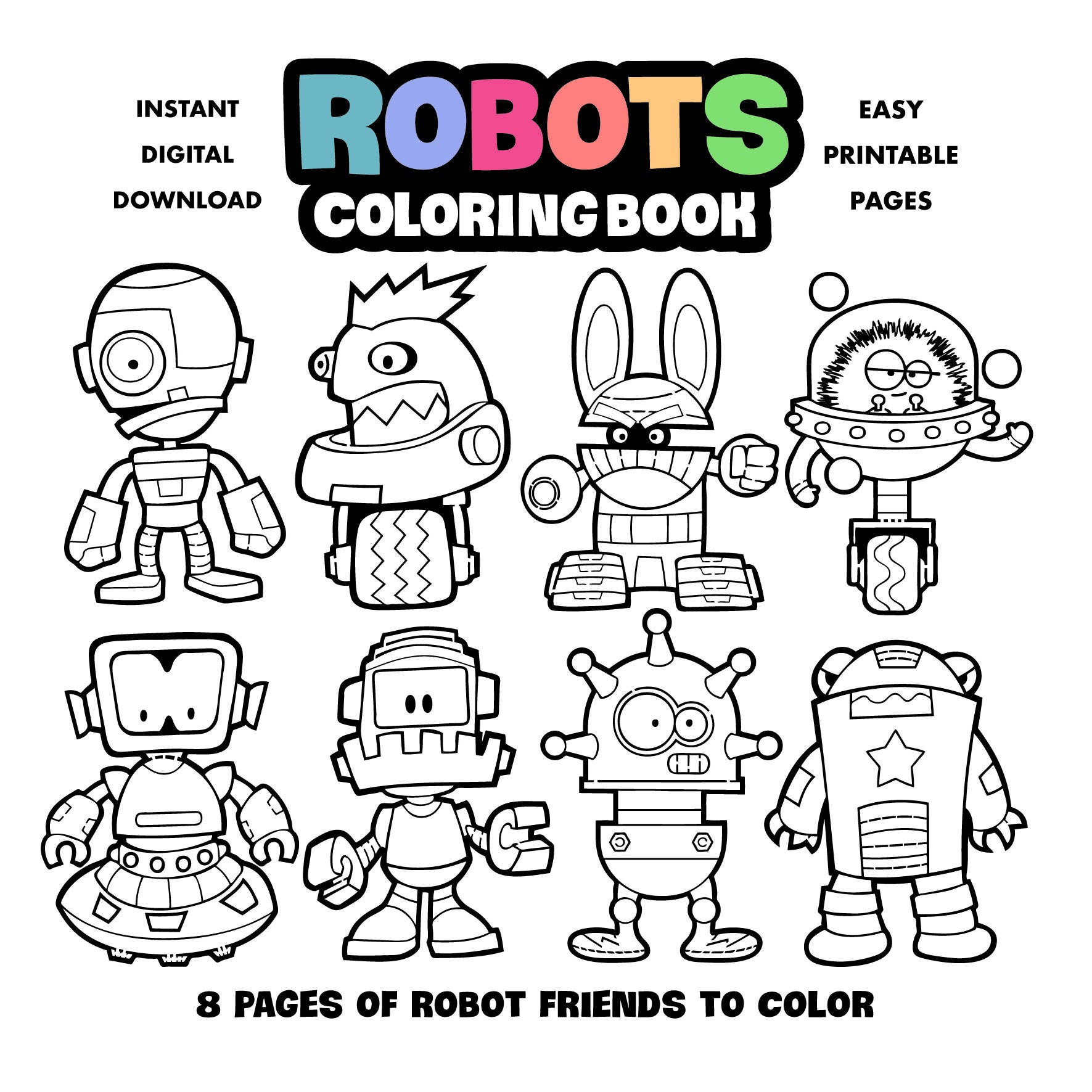 Robots coloring book for kids printable coloring pages for children boys and girls digital download arts and crafts halloween activity instant download