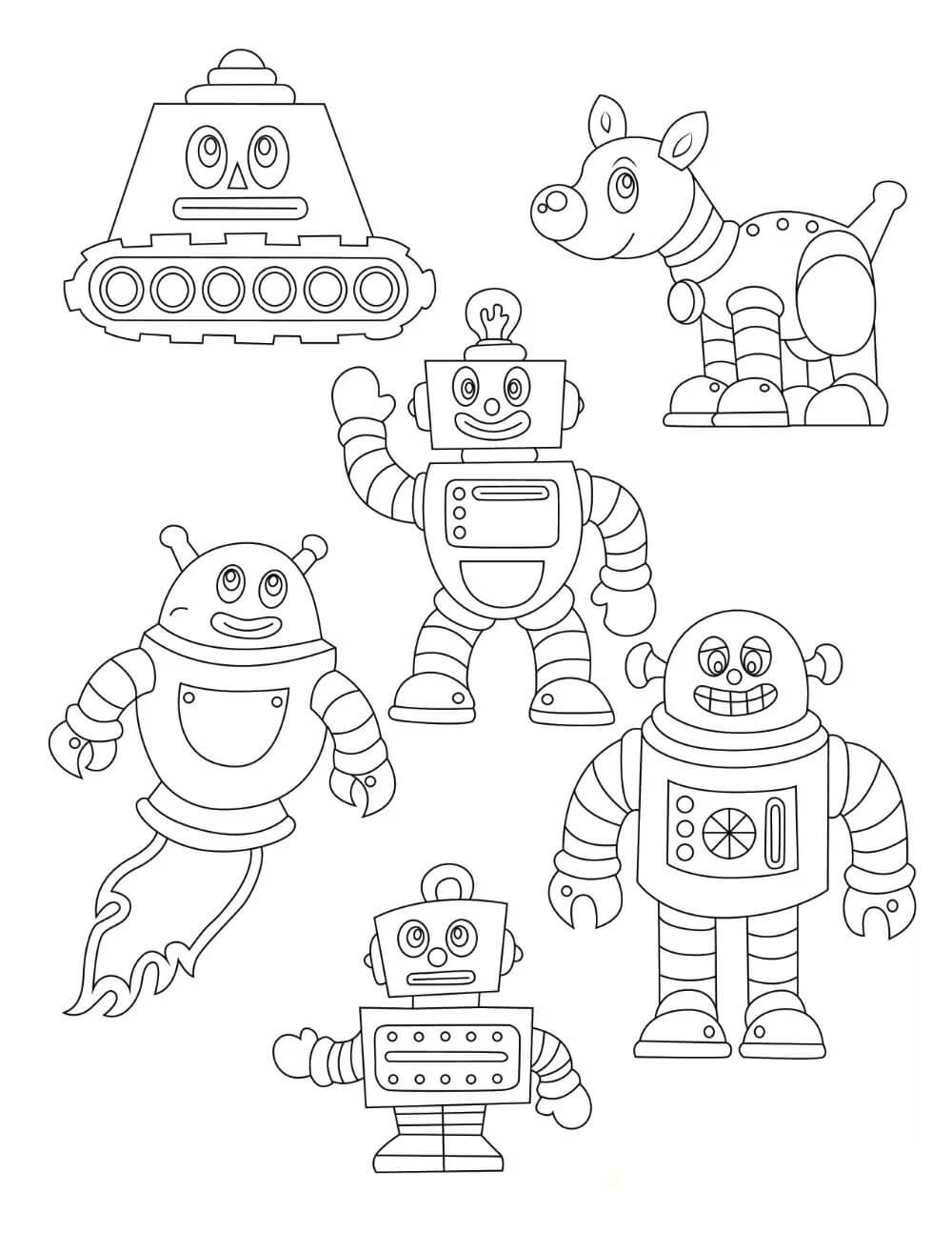 Six robots coloring page