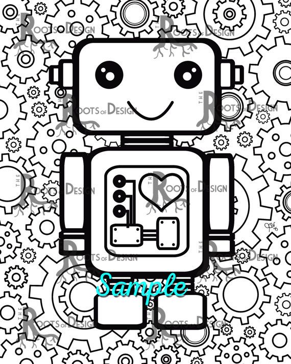 Instant download coloring page robot with gears doodle art gamer printable