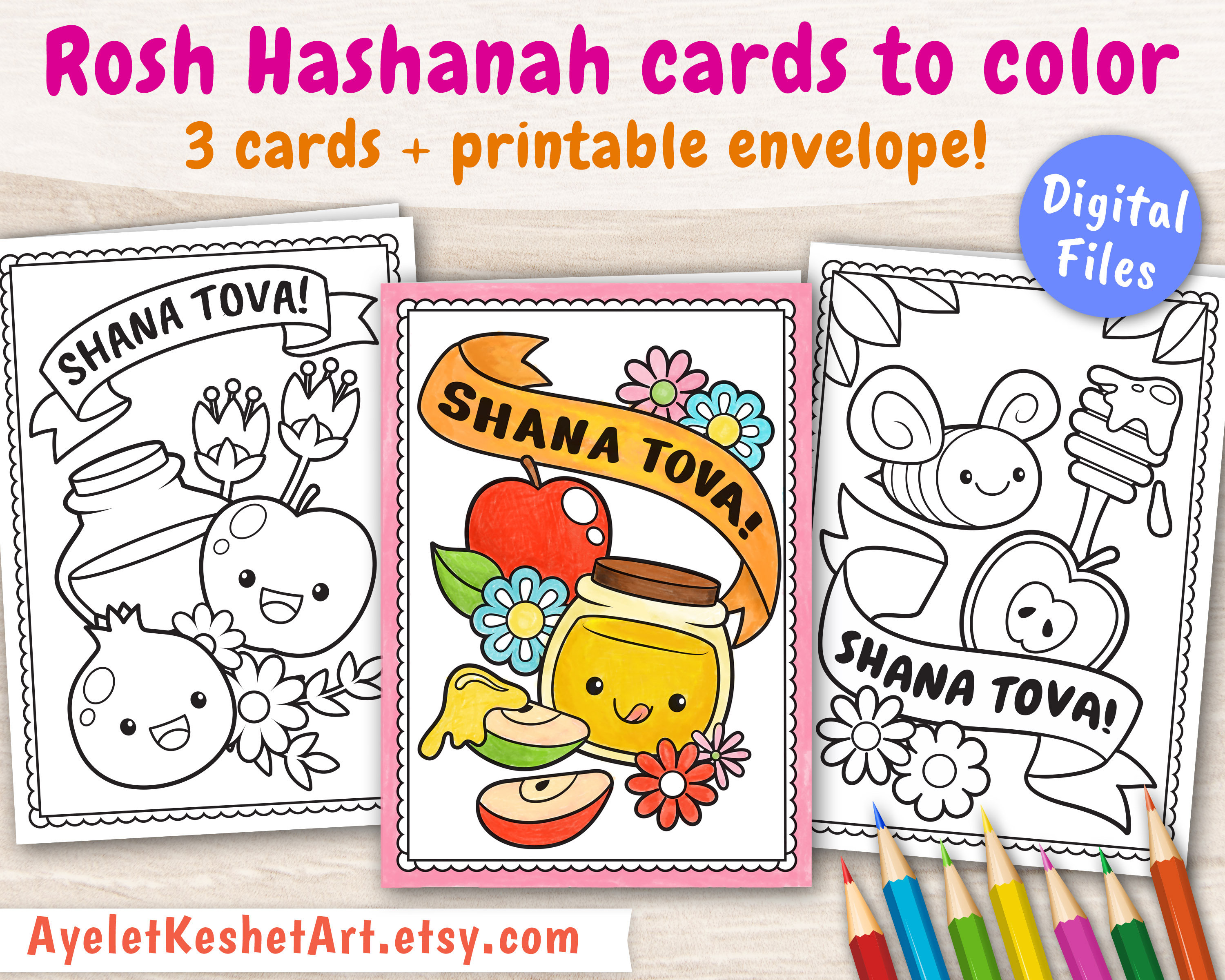Rosh hashanah cards to color coloring pages of shana tova cards cute kawaii printable greeting cards instant download pdf