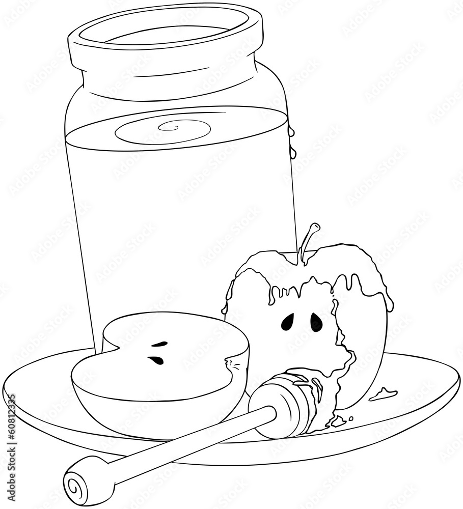 Rosh hashanah honey jar and apples coloring page vector