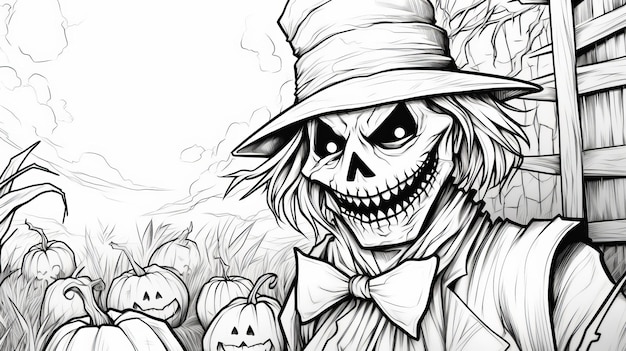 Premium ai image printable scary halloween scarecrow coloring page