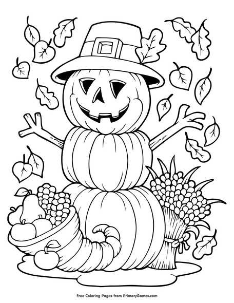 Pumpkin scarecrow and cornucopia coloring page â free printable pdf from