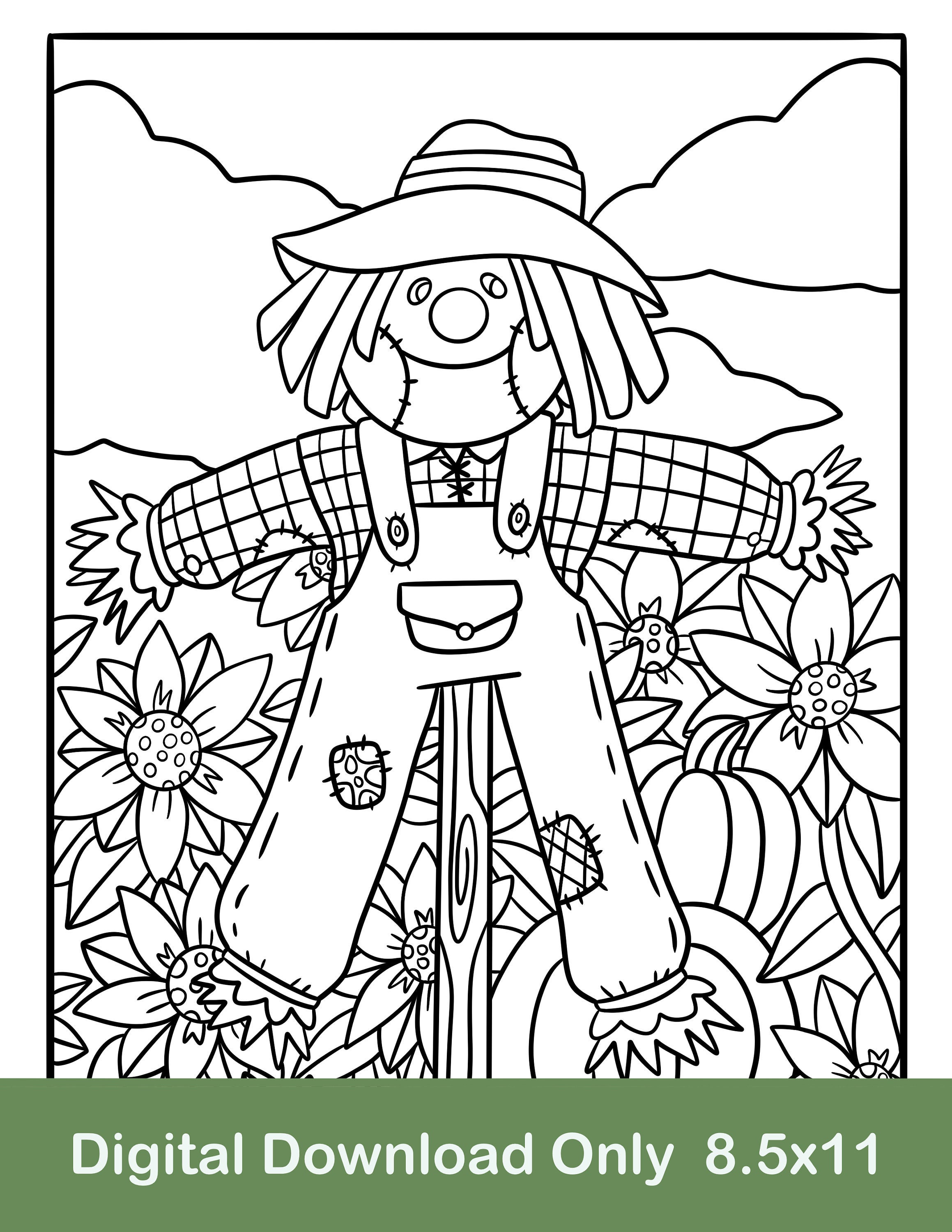 Scarecrow coloring page autumn coloring page fall coloring page pumpkin coloring page digital download